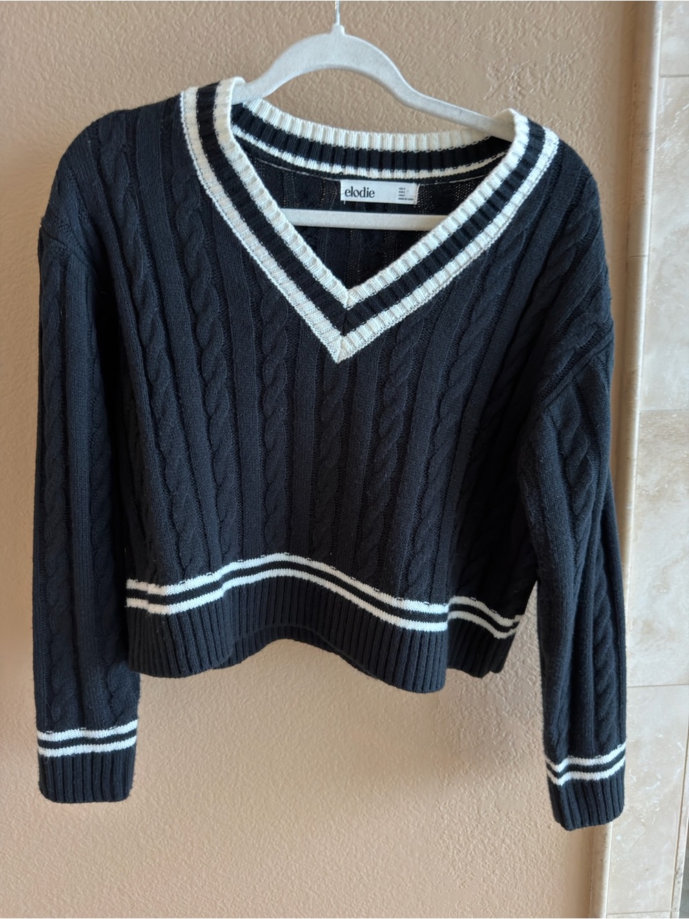 ELODIE Varsity Cable Knit V-Neck Sweater Black & Ivory Size Small | Preppy Chic